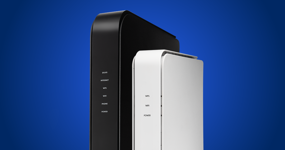 Two wireless router modems side by side, a DOCSIS cable modem router and a white wireless router. Optimum provides routers for Internet plans.