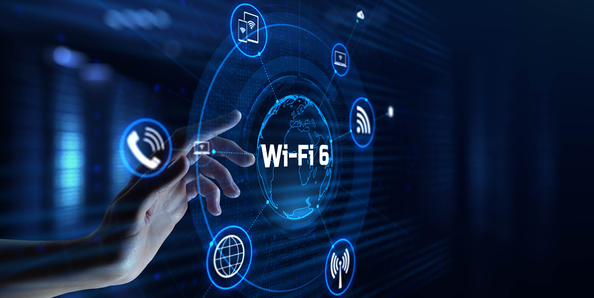 Wi-Fi 6 technology illustration showing faster internet speed, next-gen wireless connectivity, and smart devices.